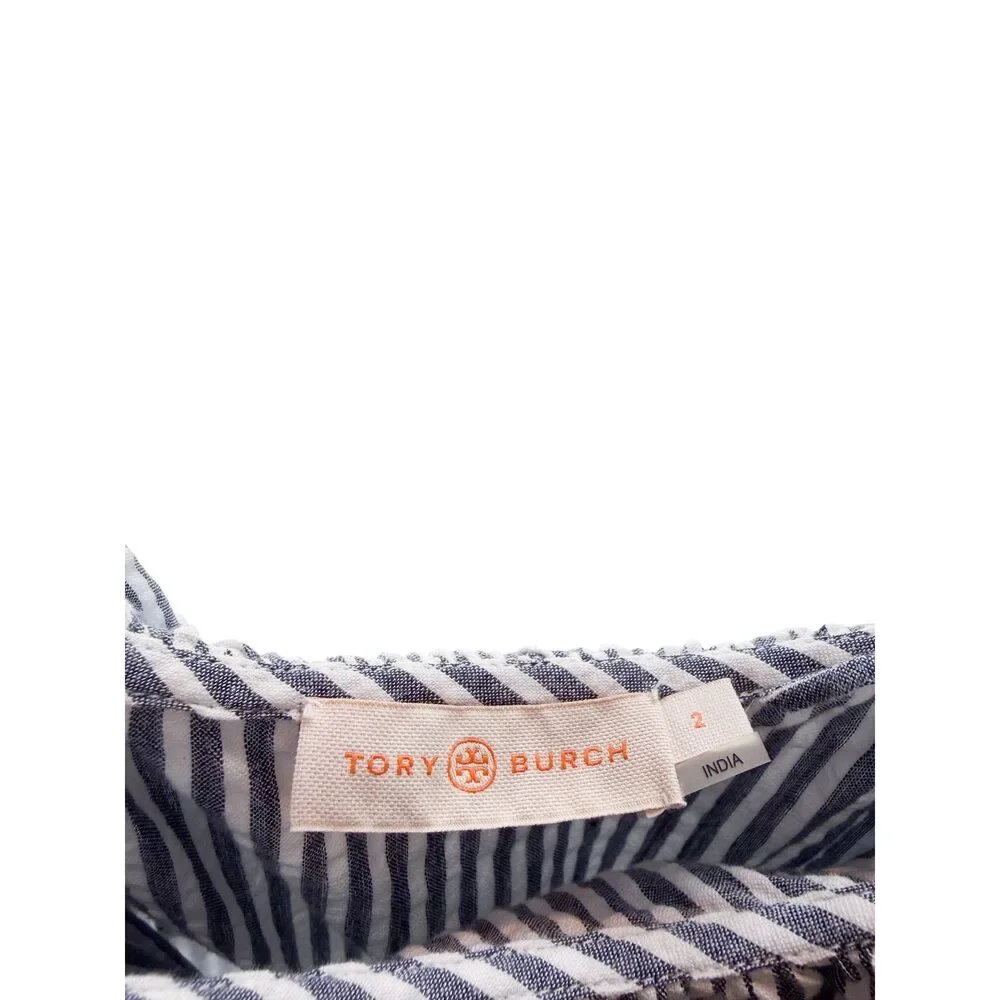Tory Burch Women's Eyelet Striped Seersucker Midi Dress Blue White Size 2
